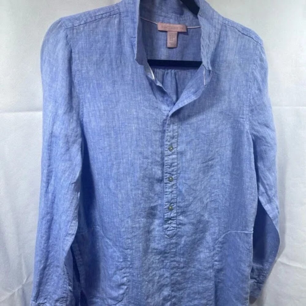 Saint Tropez West 100% Linen Blue Button Down Cover Up Tunic Women’s Size M